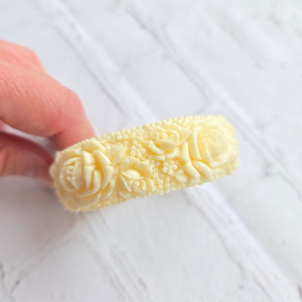 Vintage Cream Celluloid Carved Rose Bangle Bracelet Floral Ivory Tone Chunky